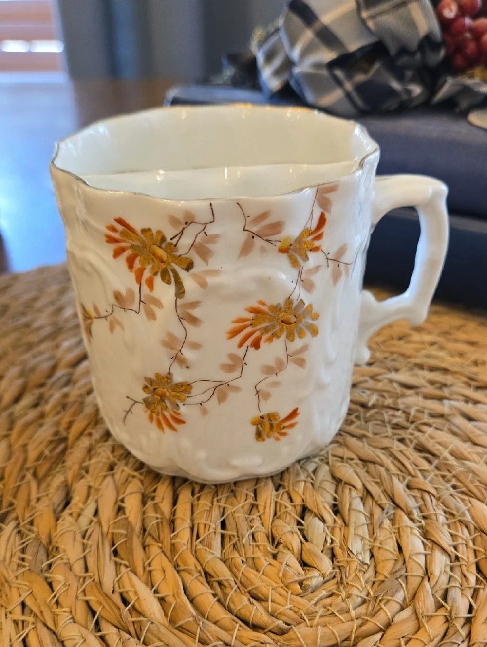 Vintage Floral Shaving Mustache Mug in Cream with Orange & Gold Accents